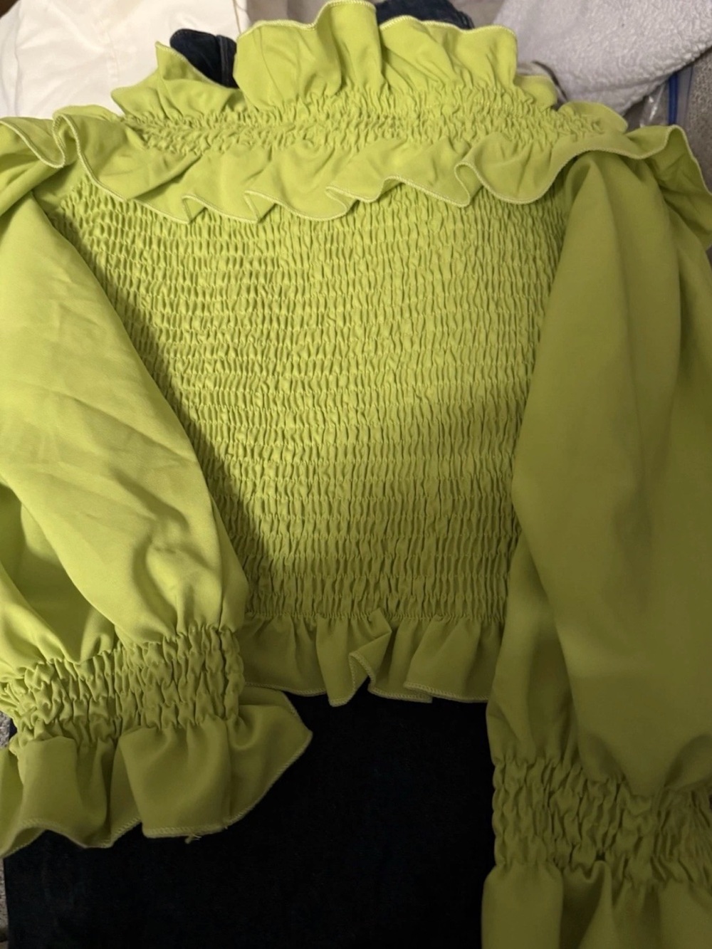 Smocked Ruffle Off-Shoulder Blouse in Lime